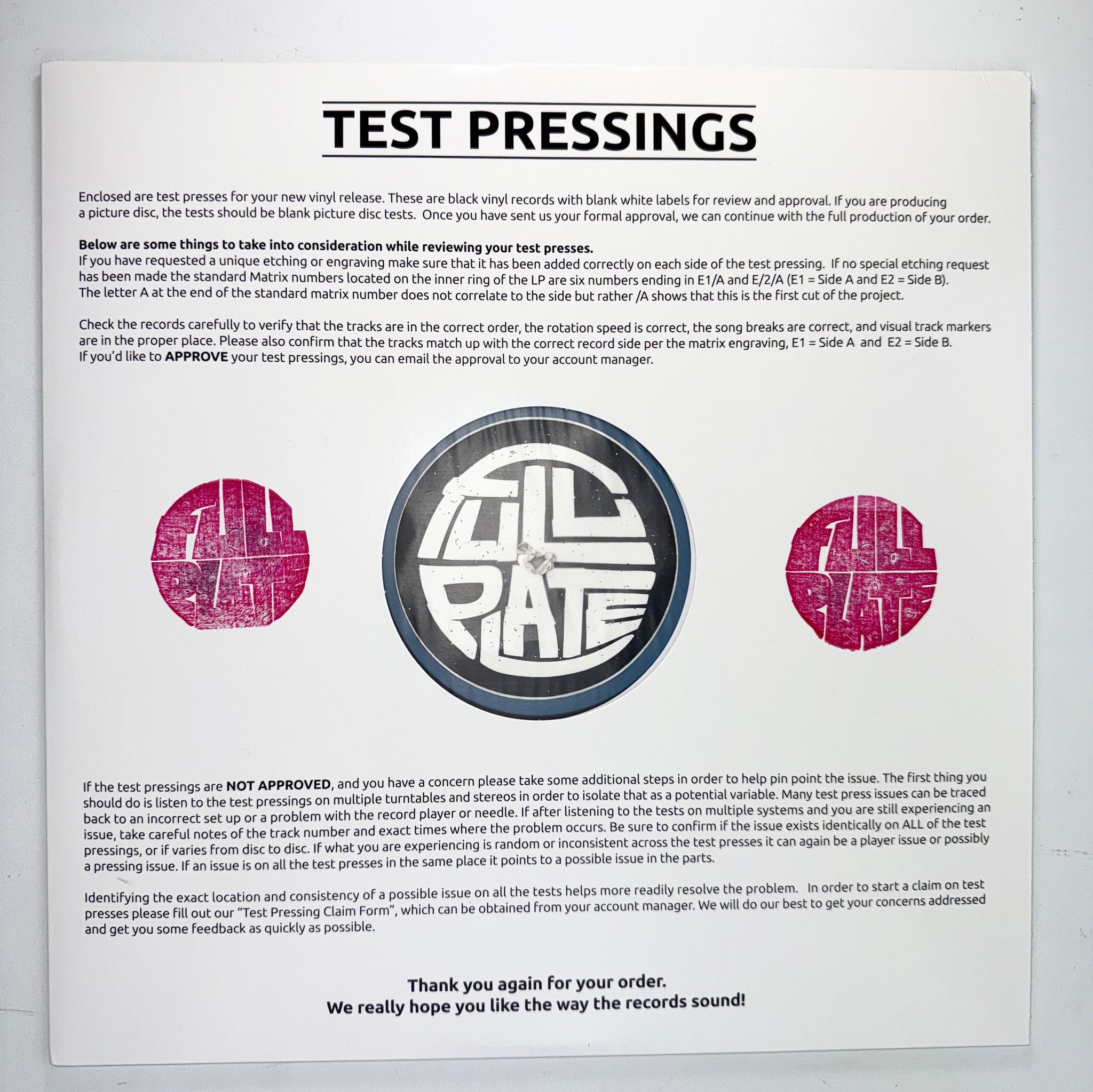 FULL PLATE TEst Pressing (Multiple Albums)